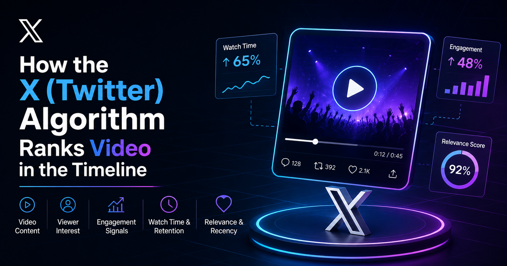 X (Twitter) video algorithm showing video ranking, watch time, engagement, and relevance signals