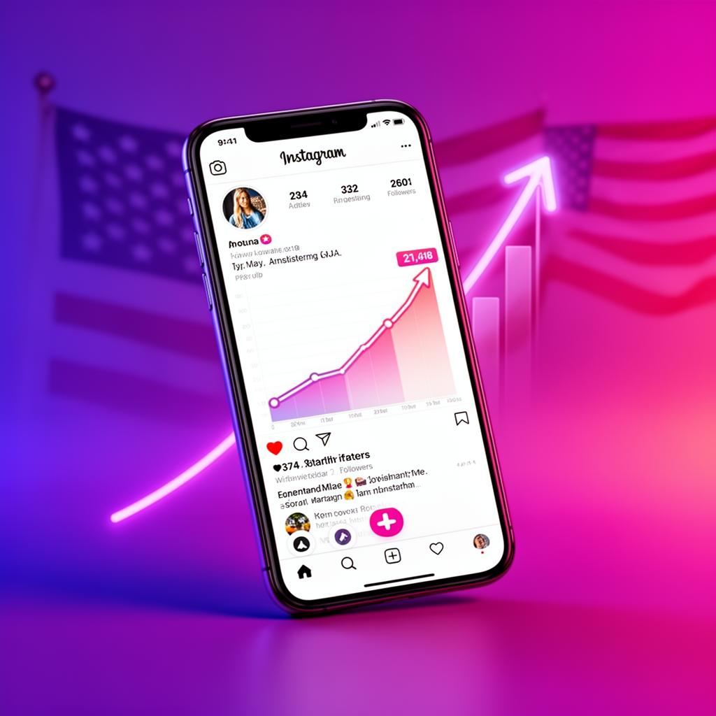 Buy real Instagram followers in USA — phone showing rapid follower growth chart with US flag in background